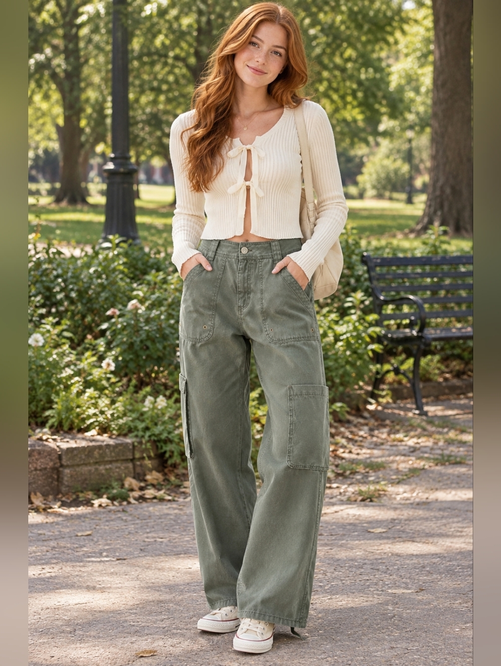 Army Green Utility Wide-Leg Cargo Pants High-rise Utility Pockets Granola Y2K